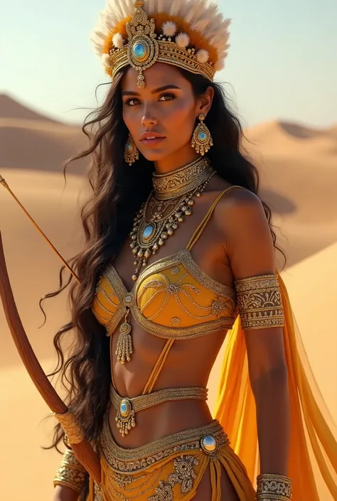 hyper realistic, ultra hd, vibrant colour portrait of a very beautiful woman, princess of desert dressed in a slim luxurious and ornate outfit with full Jewelry and gems bright light. She is standing in a Sahara desert landscape with sand dunes in the back...