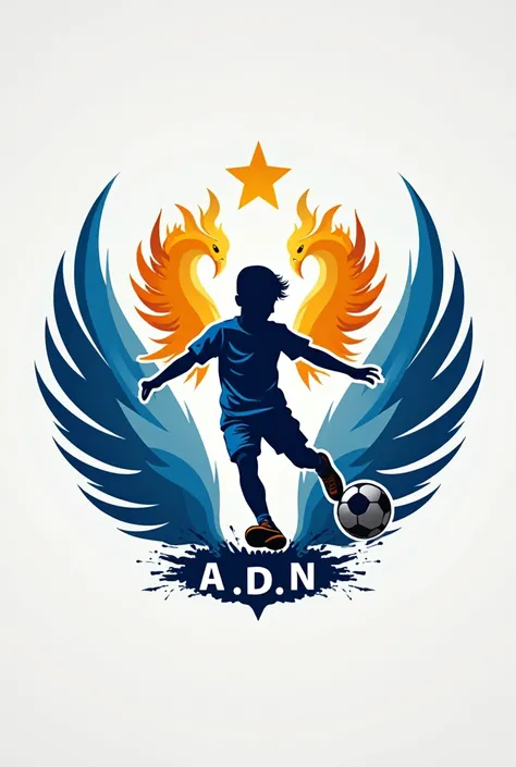 Logo. Sports academy new stars that combine the blue colors, white, dorado, with a bright star in the center and a phoenix surrounded by a circle representing unity and cooperation, a boy kicking a soccer ball.
The letters A.D.N.and