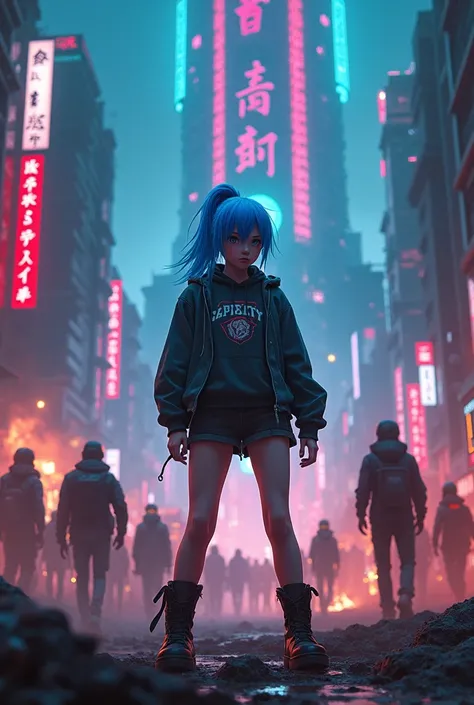 RAW Photos, riot, Cyberpunk Tower of God in the background, Fluorescent headgear, girl, Blue Hair,, 18 years old, Wearing a hoodie,The front is open、Dystopia、Shorts、Combat Boots