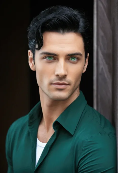 Very handsome man with gentle appearance and strong personality with black hair and green eyes 