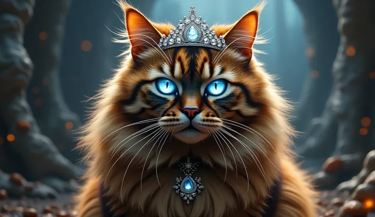 ultra realistic 8k professional photo of a Persian cat with long hair tortoiseshell color, wearing a diamond tiara , shooting lasers beams from cats eyes, looking very bad ass cat, in a dungeon full of fantasy creatures 