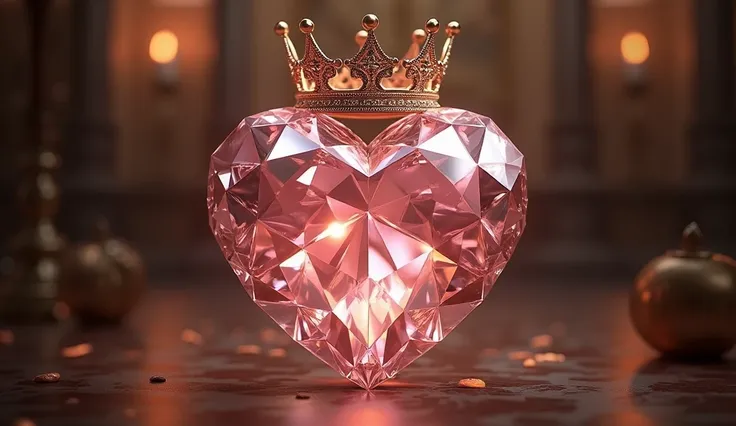 (best quality,4k,8k,highres,masterpiece:1.2),ultra-detailed,(realistic,photorealistic,photo-realistic:1.37),a magnificent diamond heart couleur rosée with a queens crown,precious gemstone,luxury,opulent,ornate,elegant,intricate details,shiny,reflective,spa...