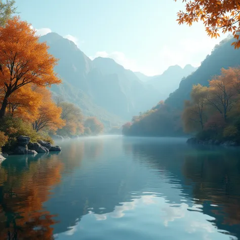 By the autumn lake, the reflection of trees gently sways on the surface of the lake, and the lake and mountains create a peaceful scene. The colors are mainly warm tones of trees and cool tones of lake water, and the light and shadow are mainly reflected b...