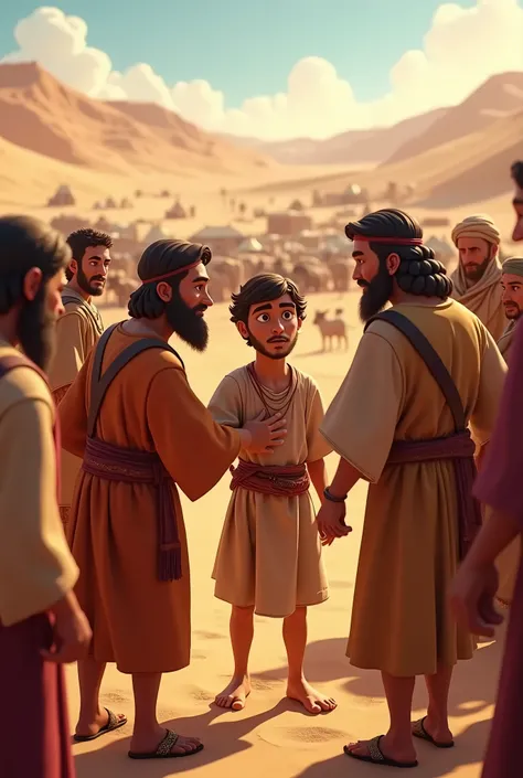 Make a 3D cinematic cartoon like Photo Story Joseph being sold by his brothers being carried by his brothers silver coins as a slave to a caravan of people .