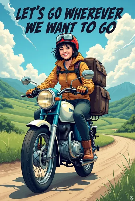 Beautiful Japanese woman with short black hair, helmet、goggles、gloves、boots、Riding a Super Cub loaded with luggage for the trip.。Over her head(Let&#39;s go wherever we want to go)This is written in capital letters、Rural Scenery、High resolution,smile, far a...