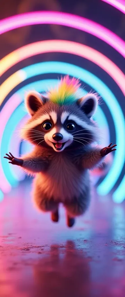 A photo of an extra fluffy baby raccoon with a vibrant rainbow-colored mane and tail. The raccoon is leaping or floating against a backdrop of swirling, neon multicolored spirals that radiate outwards in a spiral pattern. The raccoons facial expression is ...