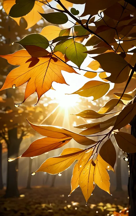 Close-up of leaves，Background with sun, Soft autumn light, Intricate fantasy leaves throughout, Shining leaves, Autumn Light, Beautiful backlighting, dew, Sunrays shine, Golden Morning, Beautiful backlighting, Autumn sunshine, Sunny amber morning light, Go...