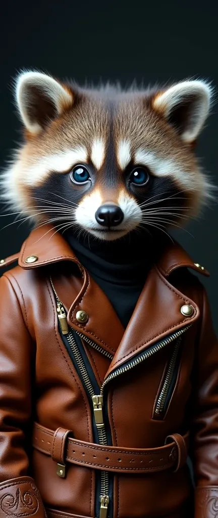 A photo of a fluffy baby raccoon with striking blue eyes. The raccoon is wearing a detailed leather jacket. The jacket is adorned with ornate, intricate patterns and embossed designs. It has zippers, buckles, and is accentuated with golden embellishments. ...