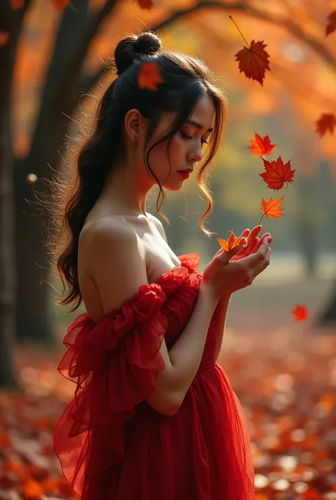 (RAW photo, realistic photo, high quality, masterpiece), autumn, 10 red leaves fall on the beautiful woman body, warm tone, winds blow on the tree, disappointed  on women face, woman pick up red leaves from the ground