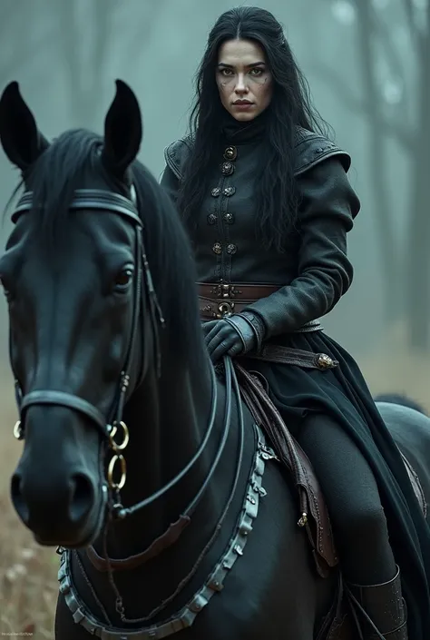 high resolution, masterpiece, Anatomically correct, High details, Very detailed, Textured skin, necessary, extremely detailed, Too detailed, 8K. Mysterious woman with a beautiful face, woman is riding on a beautiful black Frisian horse. full body. bottom. ...