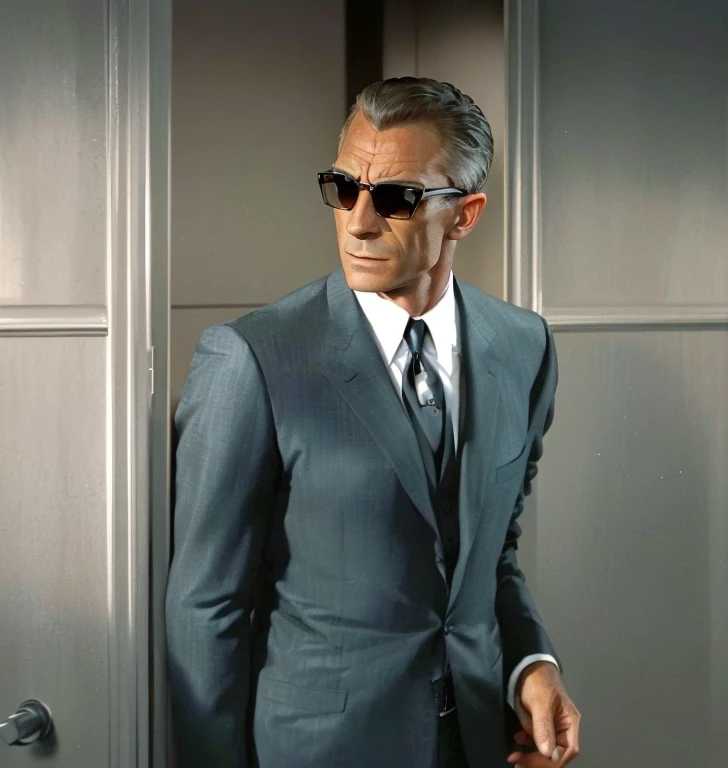 arafed man in a suit and black-frame glasses standing in a hallway, 1960s spy, still photo of james bond, movie still of james bond, in a strict suit, actor, robin, smug look, in strict suit, wearing a suit and glasses, with sunglasses, james bond, doing a...