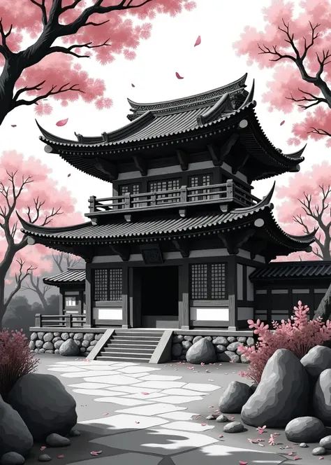 illustration,shingoku period ninja house building, there are cherry blossoms, black and white, high contrast color details, anime style, Japanese theme, highly detailed, ultra quality, 4k, intricate, chiaroscuro lighting