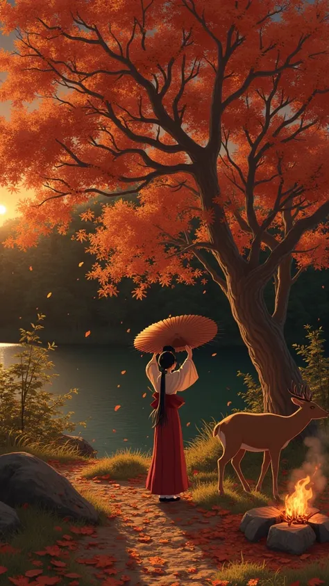 Here is the generated prompt: Aki Shizuha stands solo in a serene autumn forest, dressed in traditional Japanese attire with long sleeves and a wide shot captures her standing under a bare tree with falling maple leaves as a backdrop. The sun sets behind h...