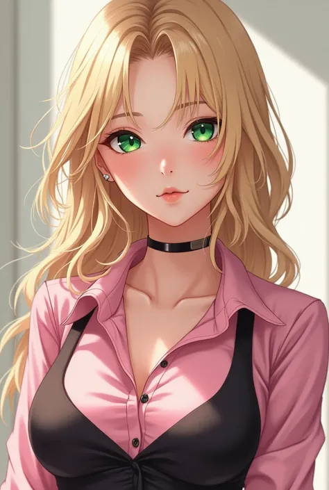 Woman with blonde hair, green eyes and pink batm and black top, realistic art style, portrait of rossdravs, portrait of artgerm, Аниме realistic art style, 4K realistic digital art, 4K realistic digital art, 8k art German side, deviantart artstation cgscos...