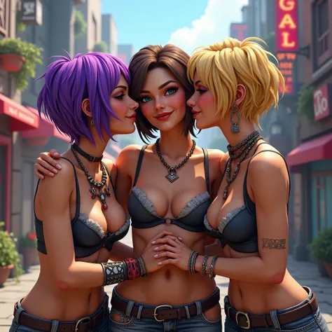 Three lesbians woman, standing on there feet, Borderlands vidéo games univers, Borderlands vidéo games city background, short hairs, purple Brown or blonde hair, jewelery, necklace, chest neckline, looks like real People and persones, neck kiss, hyperreali...