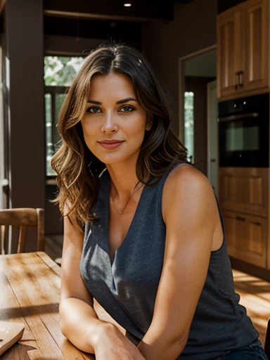 photography of a stunning lady, 40 years old, wearing a sleeveless shirt, bob wavy hair, sitting at kitchen, looks into the camera, symmetrical eyes, symmetrical face, photorealistic, photography, path tracing, specular lighting, volumetric face light, pat...