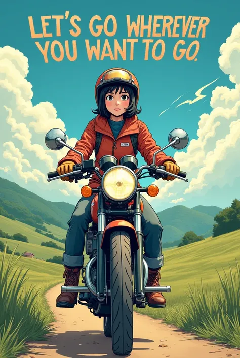 Beautiful Japanese woman with short black hair, helmet、goggles、gloves、boots、Loading up the Super Cub and setting off on a trip.。Over her head(Let’s go wherever you want to go.)This is written in capital letters、High resolution,smile, far and near method, m...