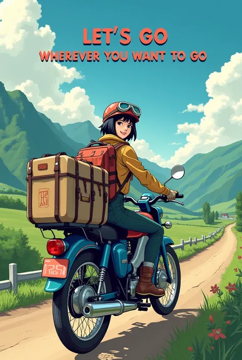 Beautiful Japanese woman with short black hair, helmet、goggles、gloves、boots、Riding a Super Cub loaded with travel luggage.。Over her head(Let’s go wherever you want to go.)This is written in capital letters、Rural Scenery、High resolution,smile, far and near ...