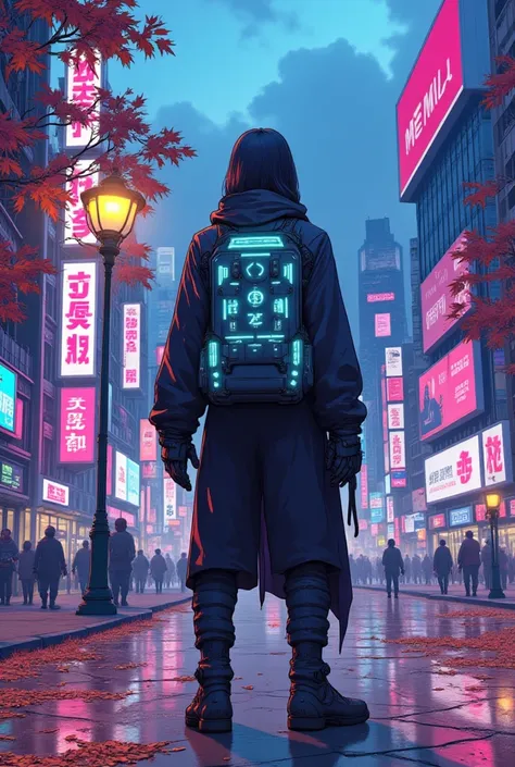 Cybanime, A lone cyberpunk figure, dressed in a leather jacket with glowing circuitry, stands under a streetlight in an autumn park. The trees around are shedding crimson and amber leaves, while the neon billboards in the distance create a contrast of cold...