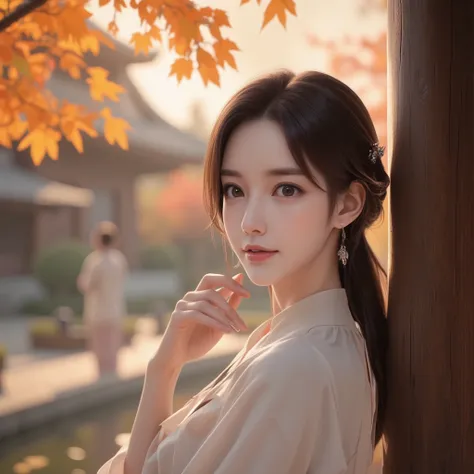 (UHD, masterpiece, anatomically correct, textured skin, super detail, best quality, highres, 8k, bloom, Front Light:1.2, Perfect dynamic composition,), a photo of, In an autumnal garden, an grinning Asian woman with long, dark hair stands in the foreground...