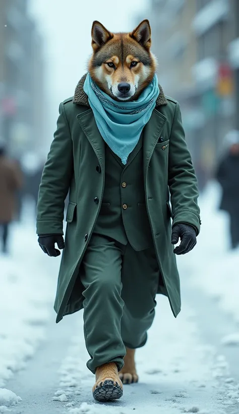 Imagine a resilient, humanoid Greenlandic dog with a light blue bandana dressed in an elegant suit, walking down an icy street, prepared to protect with strength and agility.