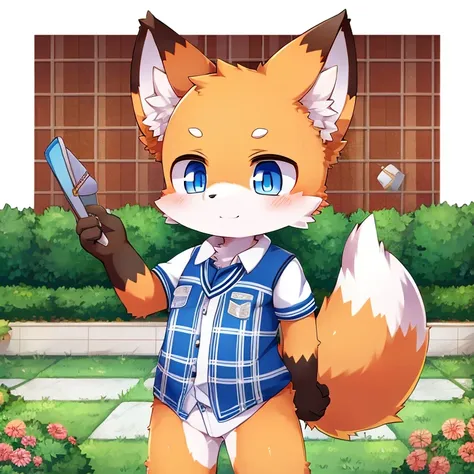 young furry fox cute white orange blue eye character wearing school clothes garden wallpaper high quality