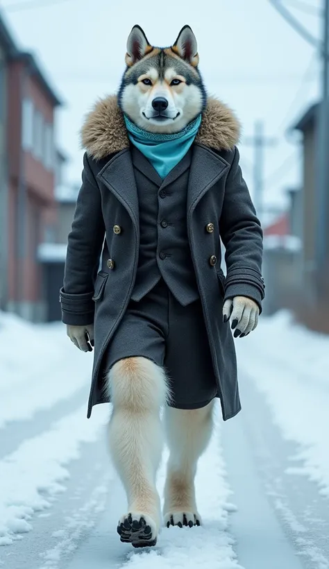 Imagine a resilient, humanoid Greenlandic dog, with muscular humanoid body with a light blue bandana dressed in an elegant suit, walking down an icy street, prepared to protect with strength and agility.