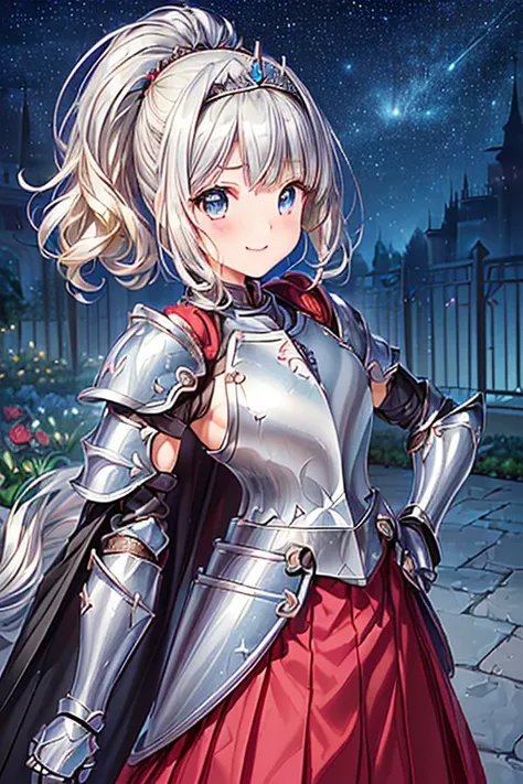 Girl posing for a photo, animeのかわいい女の子, ((One Girl)), (((Baby Face:1.4))), (((cute:1.5))),   
break 

(((red)Full Plate Armor:1.6) : ((Long skirt:1.8)) + ((breastplate:1.2) + (Gauntlet:1.4) + (Black cape with shoulder pads:1.4)), ((A silver tiara set with ...