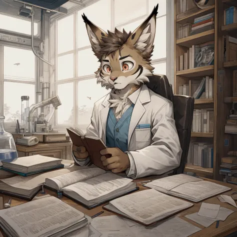 young gray-furred lynx beastman, wearing oversized lab coat, studying documents in hand, focused expression, research setting, detailed scientific papers, cluttered desk with books and equipment, quiet laboratory atmosphere, scholarly aura.