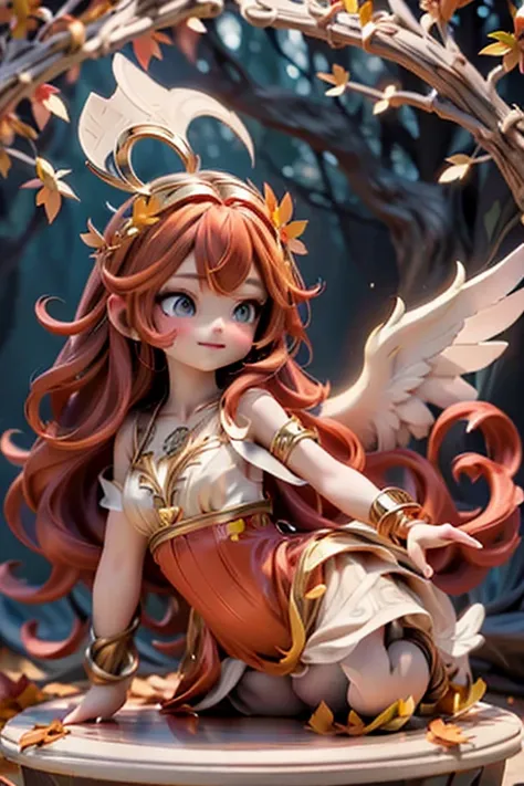 a cute celtic autumn goddess, pumps, joyful dynamic pose, sunset, detailed face and features, porcelain skin, long flowing red hair, delicate ears, intricate circlet headdress, ornate jewelry, flowing autumn leaf patterned dress, glowing golden light, dram...