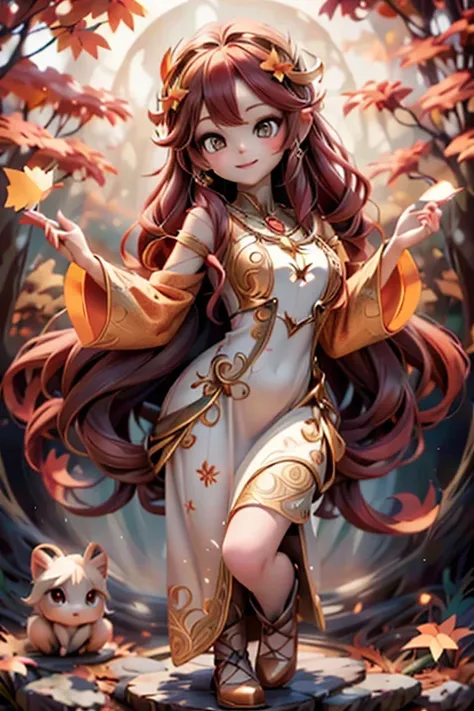 a cute celtic autumn goddess, pumps, joyful dynamic pose, sunset, detailed face and features, porcelain skin, long flowing red hair, delicate ears, intricate circlet headdress, ornate jewelry, flowing autumn leaf patterned dress, glowing golden light, dram...