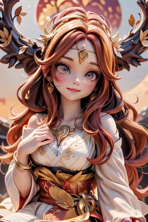 a cute celtic autumn goddess, pumps, joyful dynamic pose, sunset, detailed face and features, porcelain skin, long flowing red hair, delicate ears, intricate circlet headdress, ornate jewelry, flowing autumn leaf patterned dress, glowing golden light, dram...