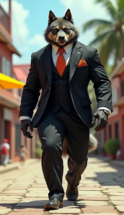 Imagine a humanoid Barbadian dog, with muscular human body and dense fur, he wears a stylish black suit with a colorful collar, standing walking the streets of Barbados