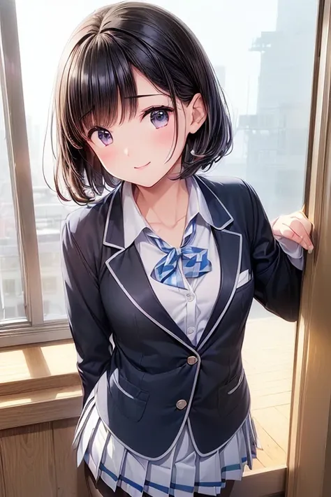 Girl posing for a photo, animeのかわいい女の子, ((One Girl)), (((Baby Face:1.4))), (((cute:1.5))),   
break 

((Blue school uniform) : (blazer:1.5) + (White dress shirt:1.4) + (Blue and white gingham check pleated skirt:1.5) + (Red tie)), (Low denier black pantyho...