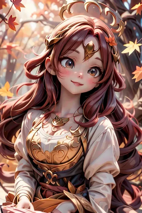 a cute celtic autumn goddess, pumps, joyful dynamic pose, sunset, detailed face and features, porcelain skin, long flowing red hair, delicate ears, intricate circlet headdress, ornate jewelry, flowing autumn leaf patterned dress, glowing golden light, dram...