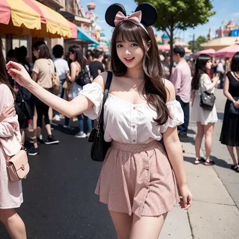 laughing out loud，Cute style wear，date attire，The skirt shows fluffy curvature，wearing mickey headband，Carrying a cute shoulder bag，knee shot, The background is an amusement park during the day，1 female, light brown hair, blunt bangs, hair behind ears, Sho...