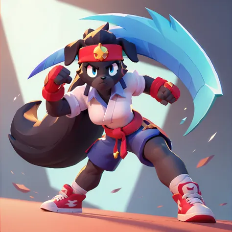 full body view, a female dog, anthropomorphic, black fur, very long hair, bulging blue eyes, a headband on the head, a large sword in hand, dressed in blue shorts and white top, red sneakers, pose of fight, brawl