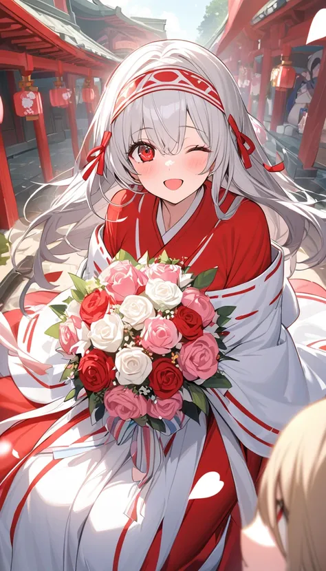 (Best Quality, ), Beautiful woman (One eye is red:1.2),The perfect combination of elements.Well-proportioned face、Happy expression、Red face、up、Shrine maiden、Silver Hair、Red Eyes、Cute expression(Eyes are hearts、Close one eye、Looking up、Red face)、Beautiful a...