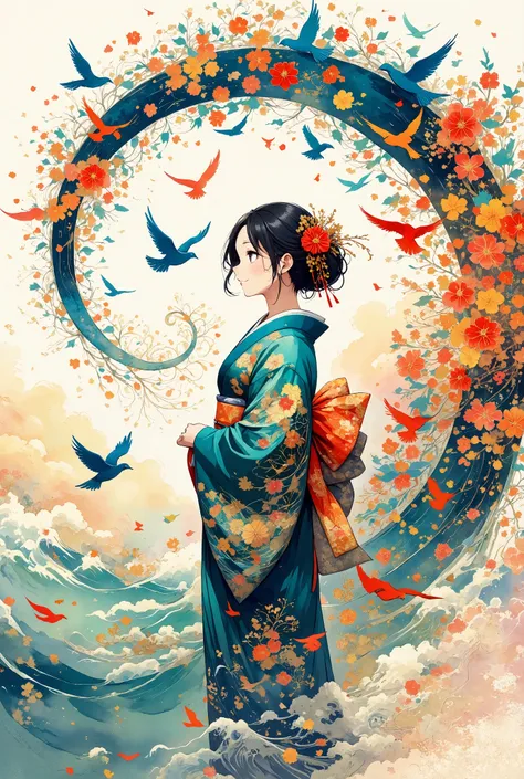 a serene scene featuring a girl in a traditional japanese kimono, standing gracefully as vibrant birds fly around her. the birds...