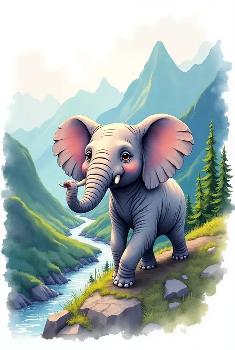 Tee shirt design for an elephant is hiking a mountain water color portrait on white background 