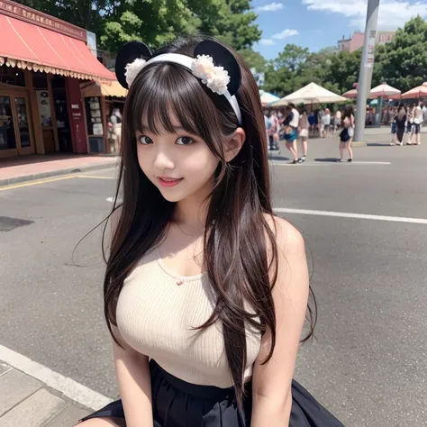 laughing out loud，Cute style wear，date attire，The skirt shows fluffy curvature，wearing mickey headband，Carrying a cute shoulder bag，knee shot, The background is an amusement park during the day，1 female, light brown hair, blunt bangs, hair behind ears, Sho...