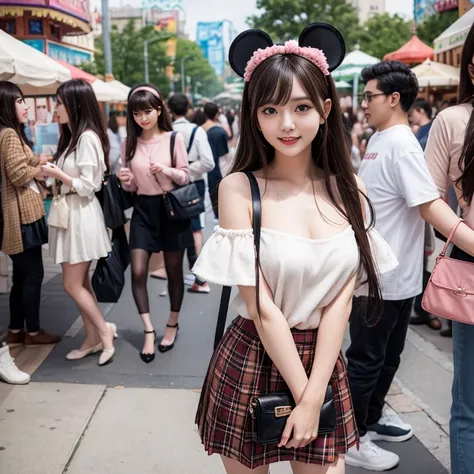 laughing out loud，Cute style wear，date attire，The skirt shows fluffy curvature，wearing mickey headband，Carrying a cute shoulder bag，knee shot, The background is an amusement park during the day，1 female, light brown hair, blunt bangs, hair behind ears, Sho...