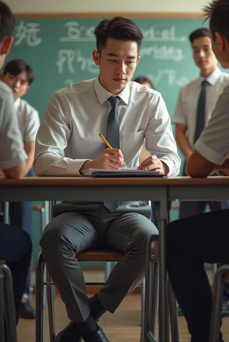 A handsome realistic 18 year old young man, handsome white boy in a uniform, grey trousers and a grey tie, a white shirt and black shoes, his hair well combed, sitting in a chair in a classroom without going out during recess with a pencil in his hand and ...