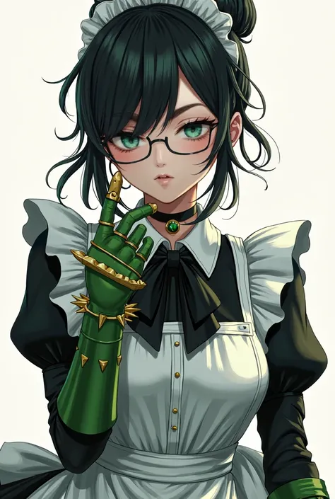 highres, sharp focus, pixiv masterpiece, ((intricate details)), highly detailed, yuri alpha, 1girl, black hair, (green wristband, green gauntlets, spikes,:1.1) glasses, green eyes, maid, single hair bun, dress, choker, bowtie, maid apron, 