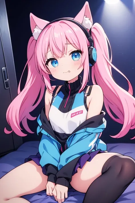 girl、Women、youtuber、vtuber、virtual youtuber、Pink Hair、Pink hair、Twin tails、Light blue mesh、Light blue hair、mini skirt、チェック模様のmini skirt、Light blue clothes、Knee socks、Knee-high socks、headphone、マイク付きのheadphone、Live Stream風、Live Stream、Streaming screen style、...