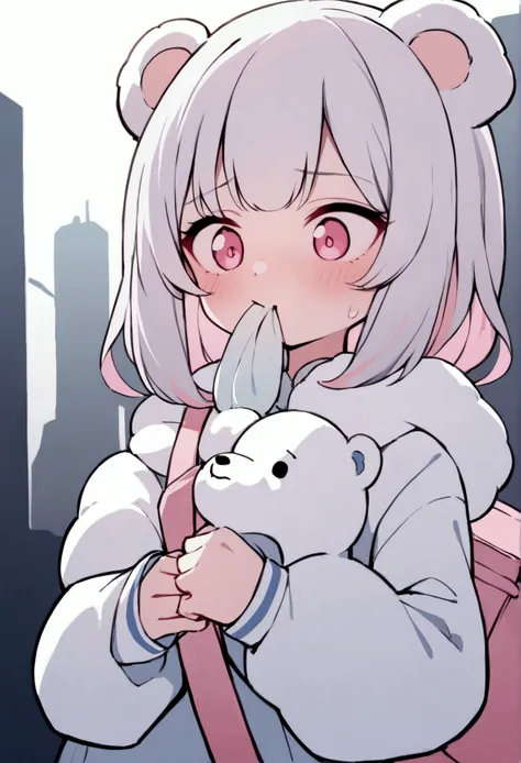 girl, White bear-like character, snot, light blue and pink cross bag