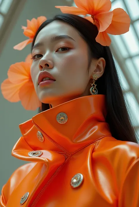 An avant-garde, experimental fashion photoshoot inspired by the style of Leslie Zhang, featuring an Asian female model captured from an extremely low angle, enhancing the dramatic impact of her cutting-edge, sculptural designer clothing. The low perspectiv...