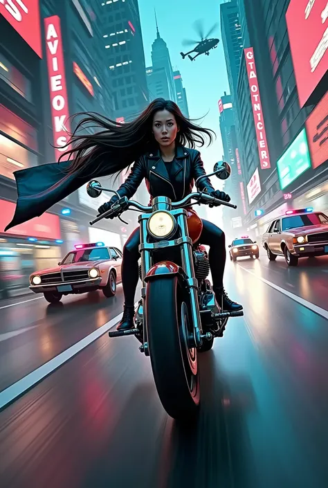 Manga style motorcycle chrome cyber city female rider travelling at high speed blur open leather jacket flapping like a cape behind trinity from matrix escaping police sirens cars helicopters in high pusuit