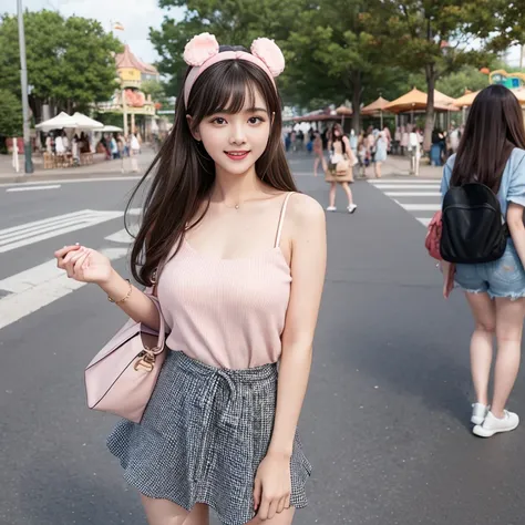 laughing out loud，Cute style wear，date attire，The skirt shows fluffy curvature，wearing mickey headband，Carrying a cute shoulder bag，knee shot, The background is an amusement park during the day，1 female, light brown hair, blunt bangs, hair behind ears, Sho...