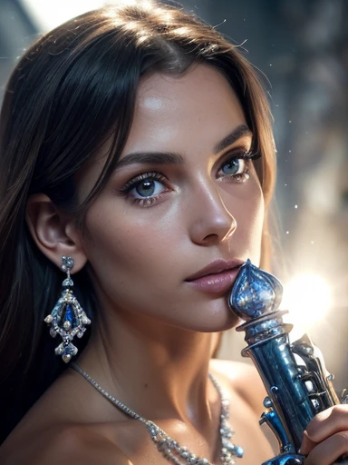 Isabelle Ottmann, masterpiece, best quality, Illustration, Blue Sax, Platinum Earrings, Platinum Necklace, white dress, 1 , , (dynamic lighting:1.2), cinematic lighting, delicate facial features, detailed eyes, sharp pupils, realistic, profundidade de camp...